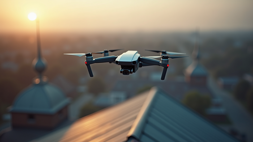 High-angle view of a drone flying over a roof during an inspection