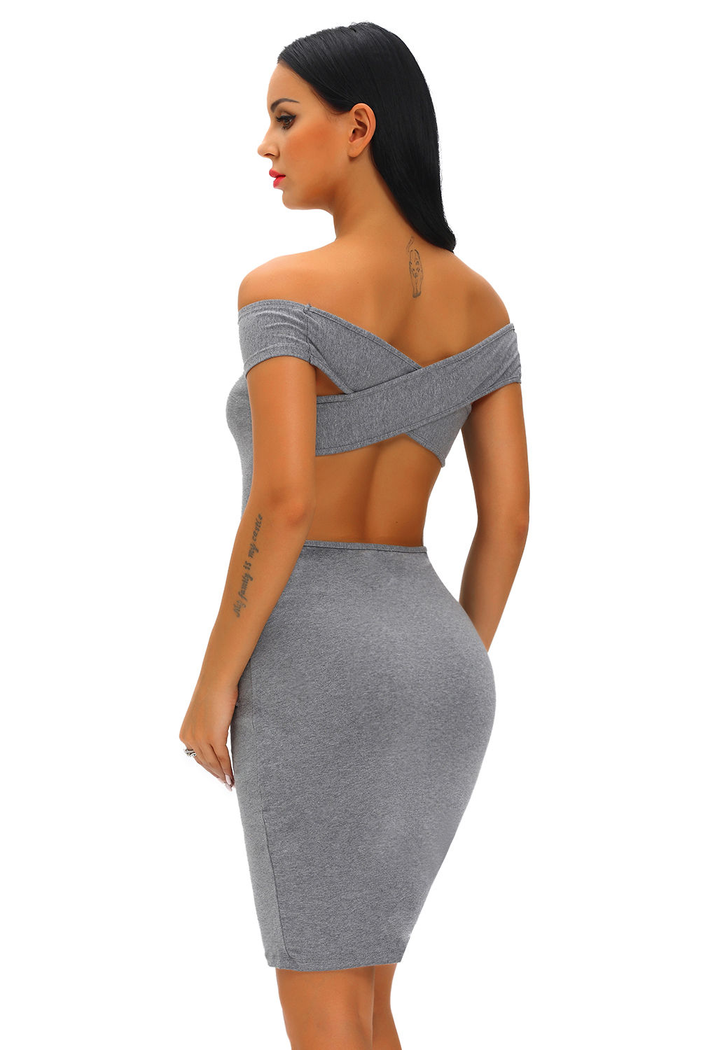 Grey Crisscross Off Shoulder Body con Dress