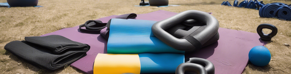 Fitness equipment outdoors: mats, kettlebells, and weights