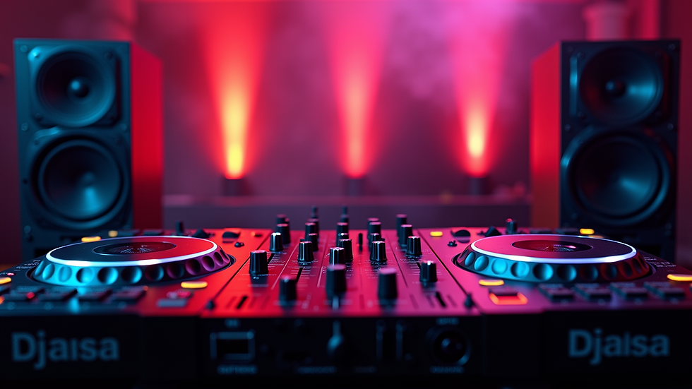 Eye-level view of professional DJ mixer and speakers setup