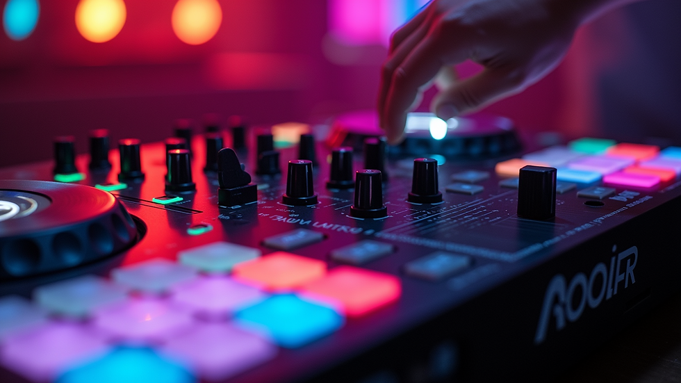 Close-up view of high-end DJ controller with colorful lighting effects