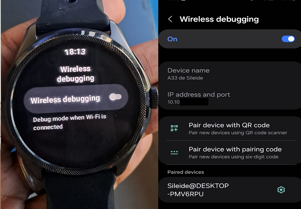 Imagem 1. Menu do wireless debugging e menu de pareamento e conexão