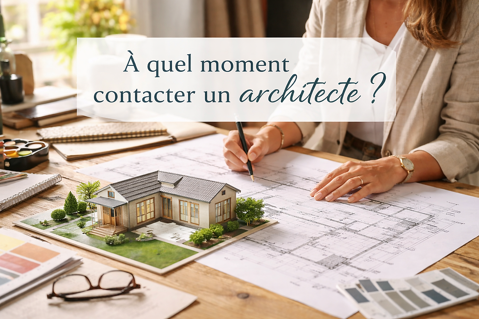 Architecte à Gujan-Mestras travaillant sur des plans de rénovation avec maquette, illustrant l’importance de contacter un architecte dès le début d’un projet sur le Bassin d’Arcachon
