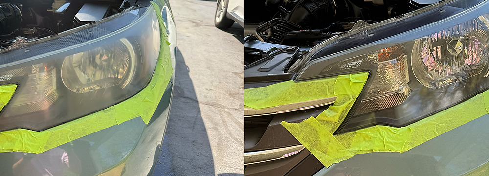 Headlight restoration before and after by King’s Auto Detailing in Reidsville, NC — showcasing clear results from foggy, oxidized headlights to like-new clarity.