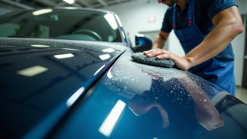 Eye-level view of a car being polished at a local detailing shop