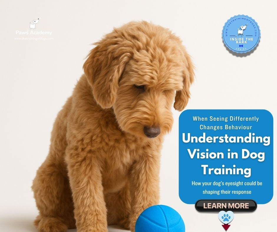 Labradoodle sitting on a white background, looking down at a blue ball. The image illustrates how canine vision and colour perception influence focus and behaviour during obedience training.