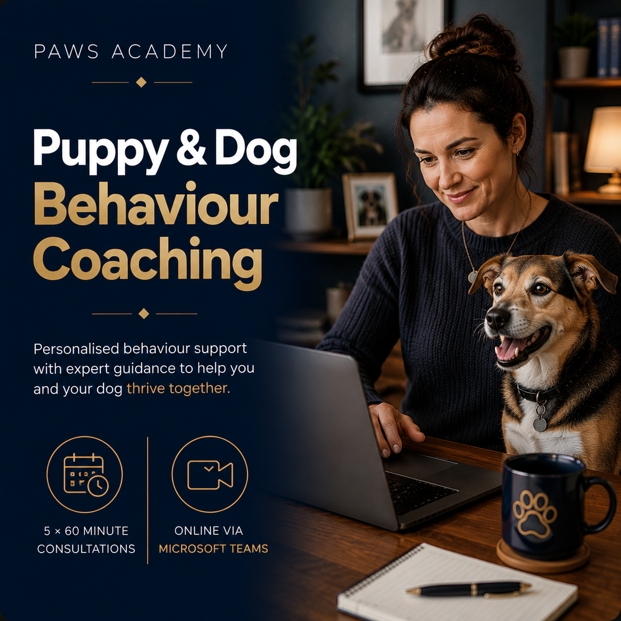 White fluffy dog wearing black glasses sitting in front of a laptop. Promotes online dog behaviour consultations via Teams as part of Paws Academy’s Inside the Bark series.
