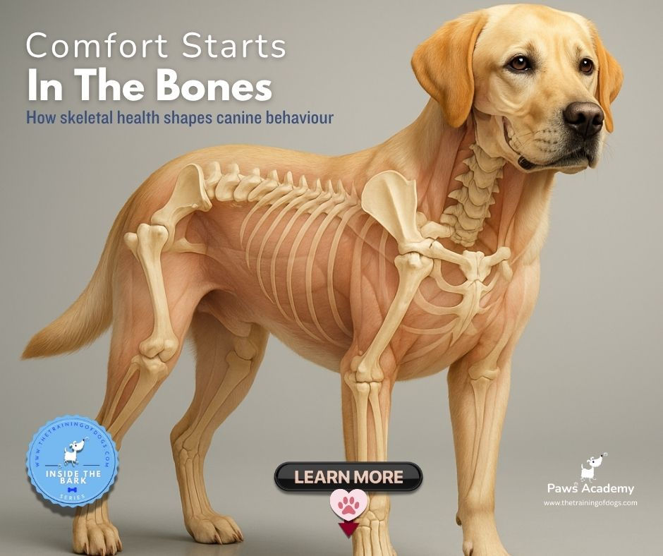 Veterinary anatomical illustration of a yellow Labrador Retriever in side profile with semi-transparent skin revealing skeleton and muscles, used to promote canine skeletal health and behaviour awareness.