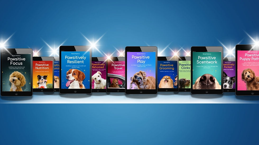 Pawsitive Book Range by Renee Patience featuring 20 dog training eBooks on topics including recall, loose lead walking, barking, socialisation, and rehoming, available at Paws Academy with up to 70% off
