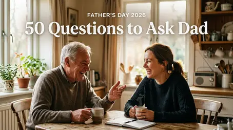 An adult child and their dad talking and laughing together on Father’s Day