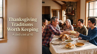 A dad laughing with his grown sons as they pass food around the family Thanksgiving table