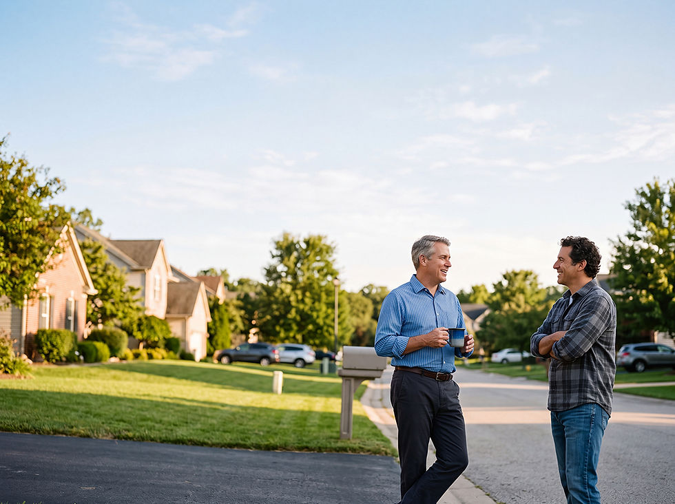 A dad chatting with a neighbor on a quiet suburban street in the late afternoon.