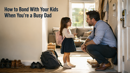 A busy dad crouched by the front door after work, listening closely to his young child
