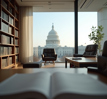 A modern law office interior with legal books and a view of the US Capitol building..png