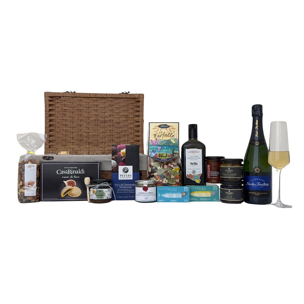 Gourmet Präsentkorb „L’Art du Goût“ mit Champagner, italienischen Delikatessen, Pasta, Olivenöl und Feinkost – Produktübersic