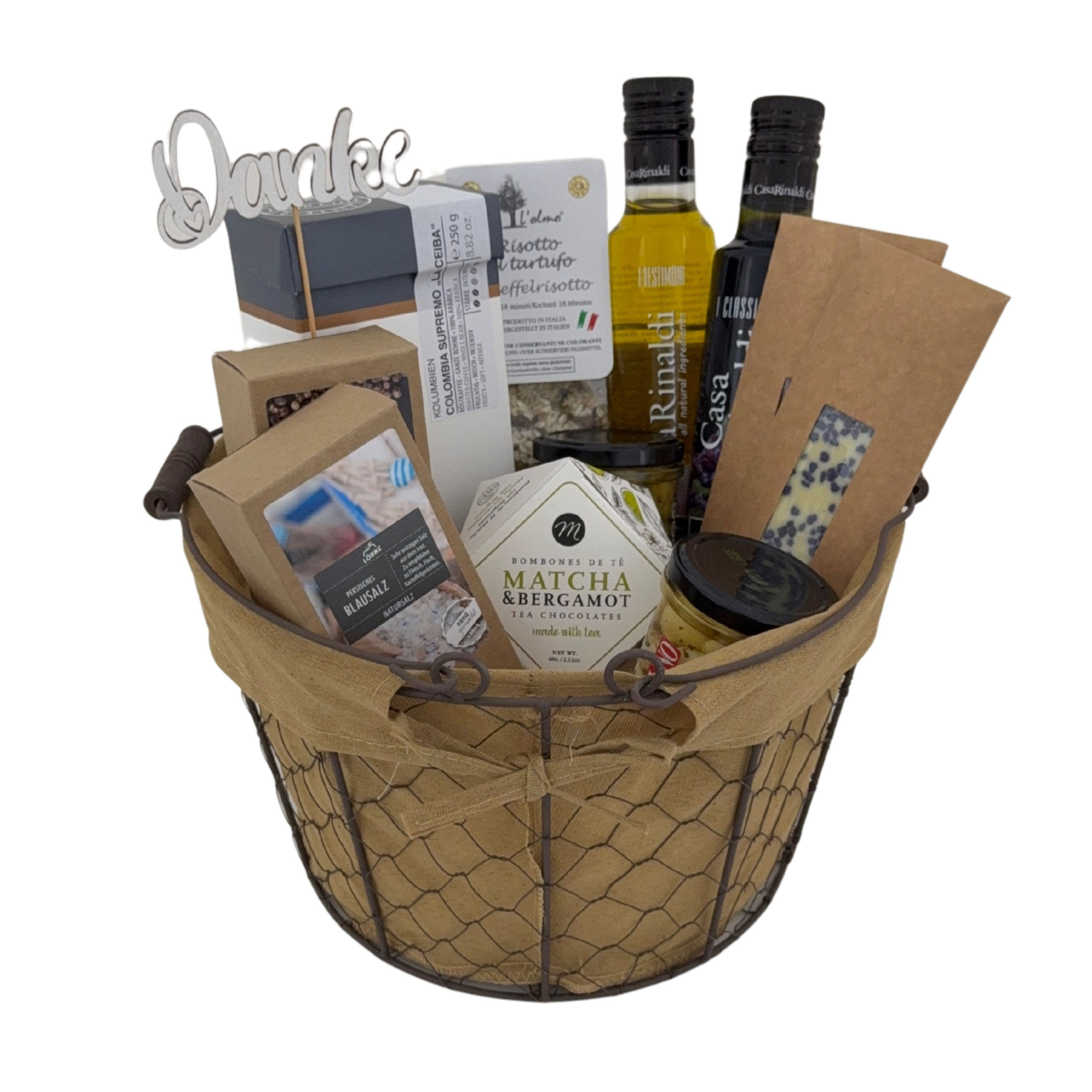 Dankeschön Präsentkorb mit Premiumkaffee, Trüffelrisotto, Feinkost und Süßwaren als stilvolle Geschenkidee