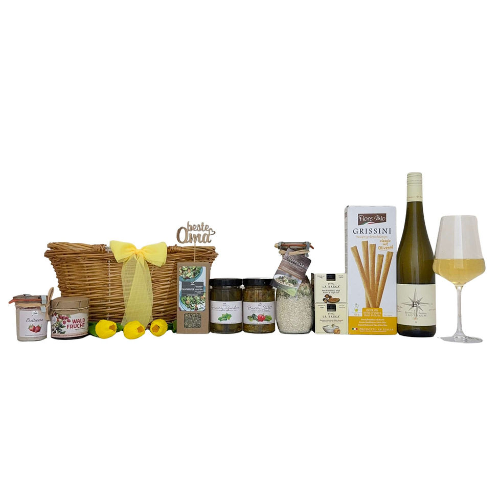 Geschenkset für Oma mit Weißwein, Grissini, Risotto, Aufstrichen und Feinkost.