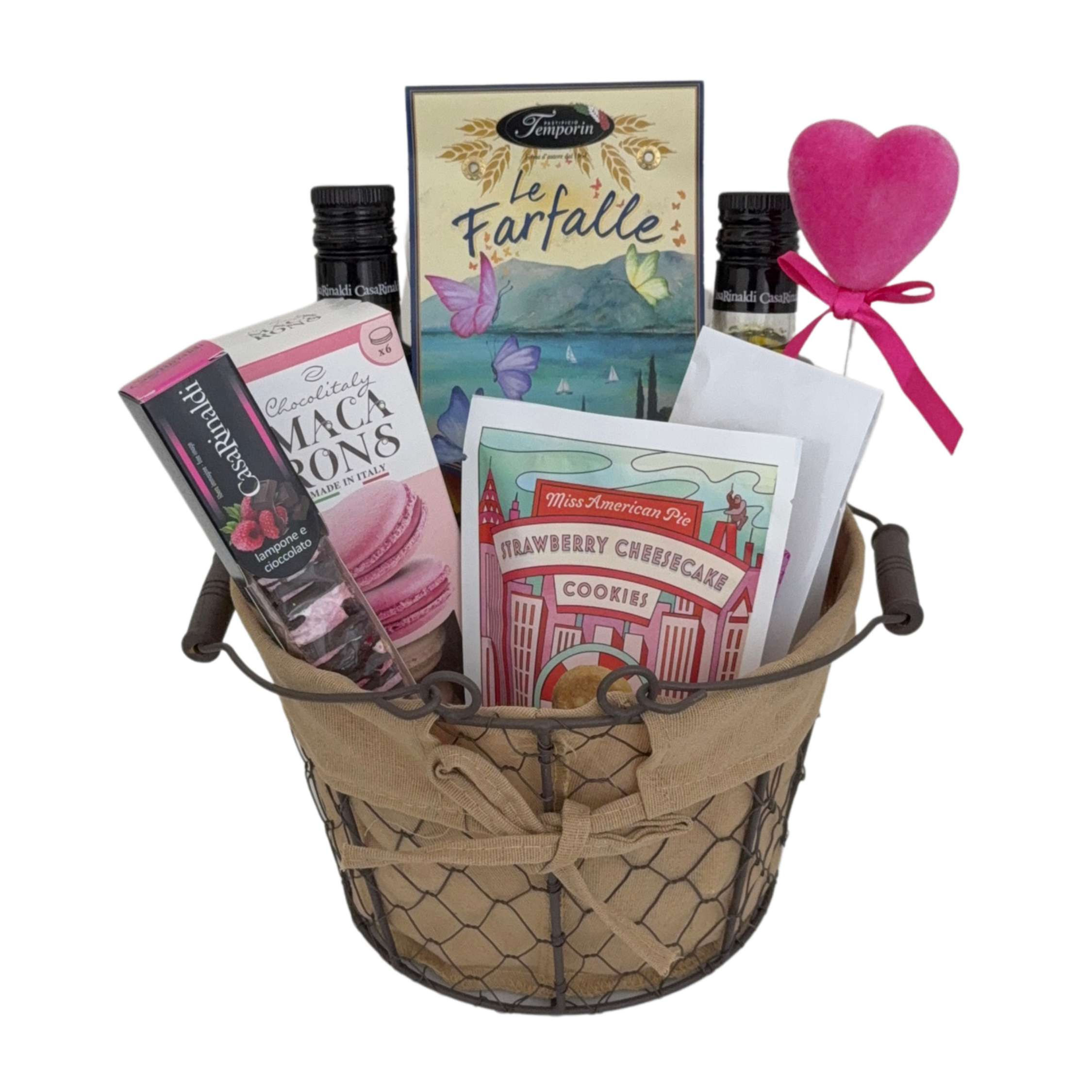 Rosa Geschenkkorb für Frauen mit italienischer Pasta Olivenöl Balsamico und süßen Spezialitäten.