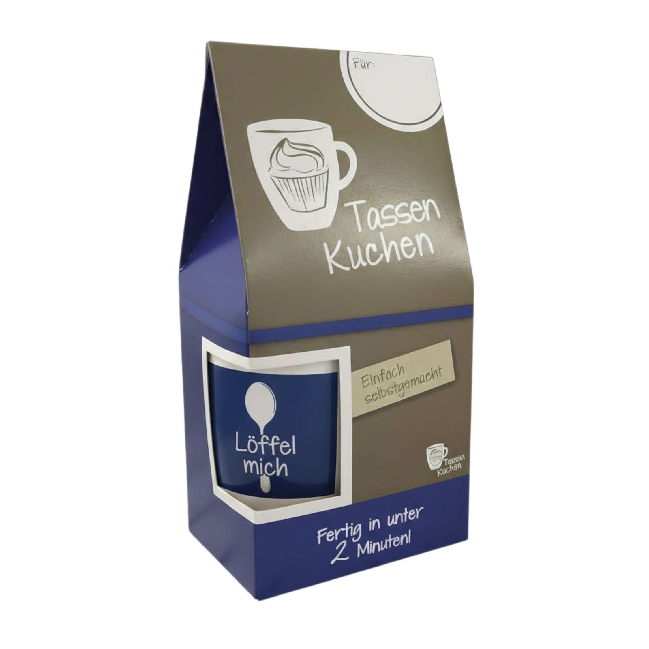 Tassenkuchen Schokolade Löffel mich Backmischung mit Tasse und Löffel für schnellen Schokokuchen aus der Mikrowelle