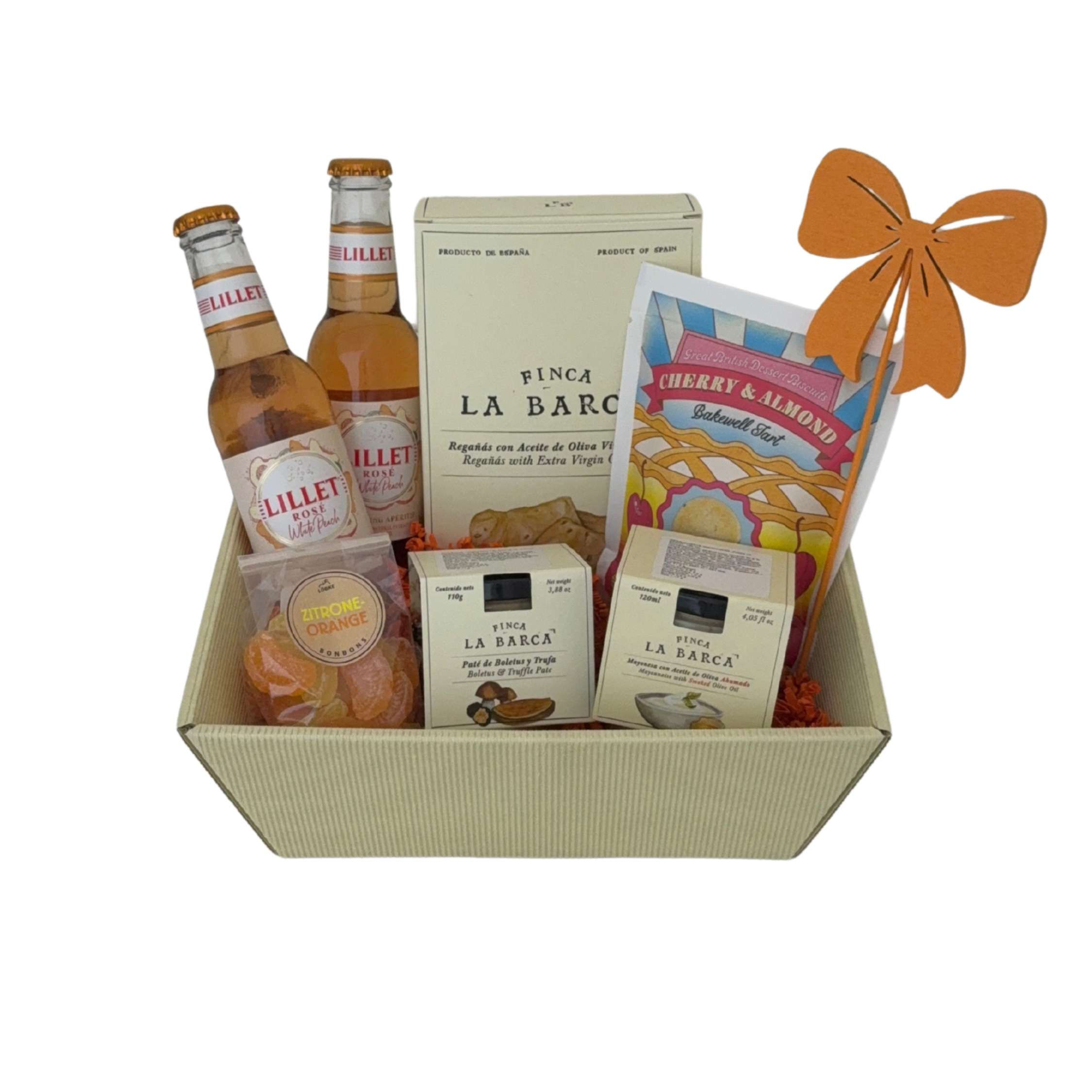Damen Präsentkorb mit Lillet Rosé White Peach, spanischer Feinkost, Gebäck und Süßwaren als elegante Geschenkidee