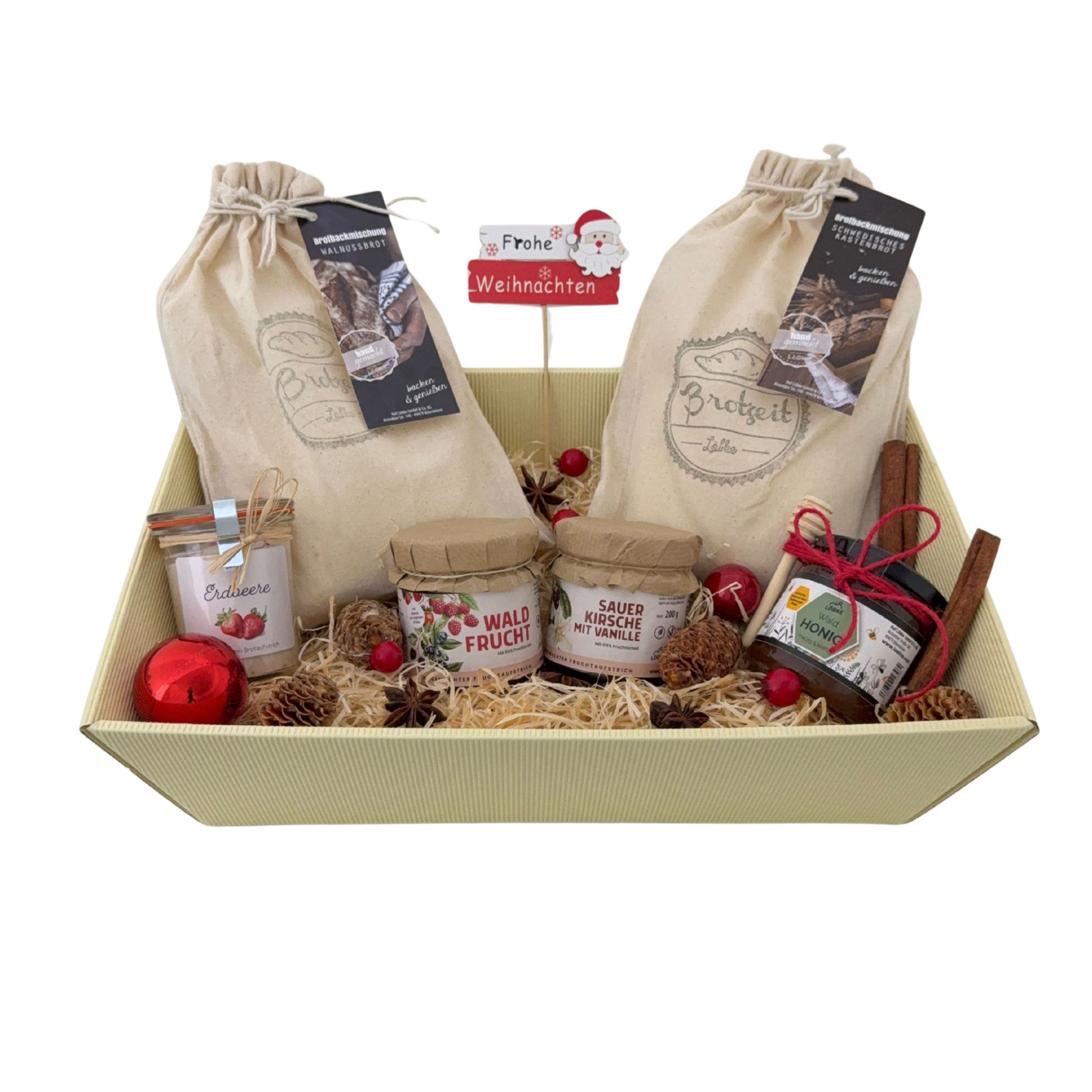 Geschenkbox Morgen mit Brotbackmischungen und Frühstückszutaten – weihnachtliches Feinkostgeschenk