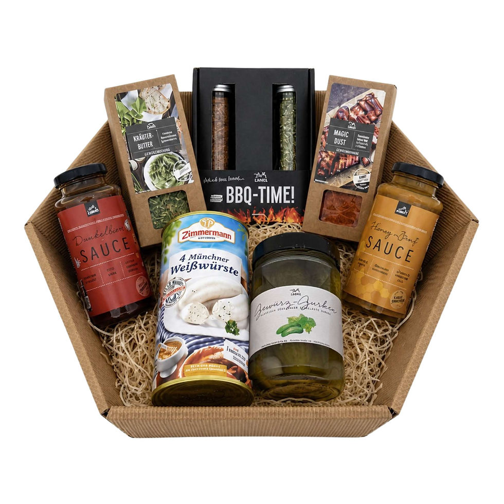 Deutscher Grill Präsentkorb mit Weißwürsten, BBQ Gewürzen, Gurken und Grill Saucen für Männer.