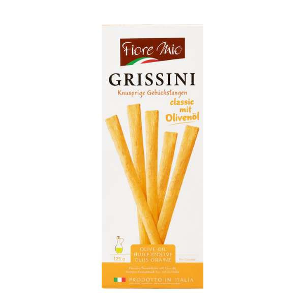 Grissini Classic mit Olivenöl knusprige italienische Brotstangen aus Weizenmehl ideal für Antipasti und Snacks.