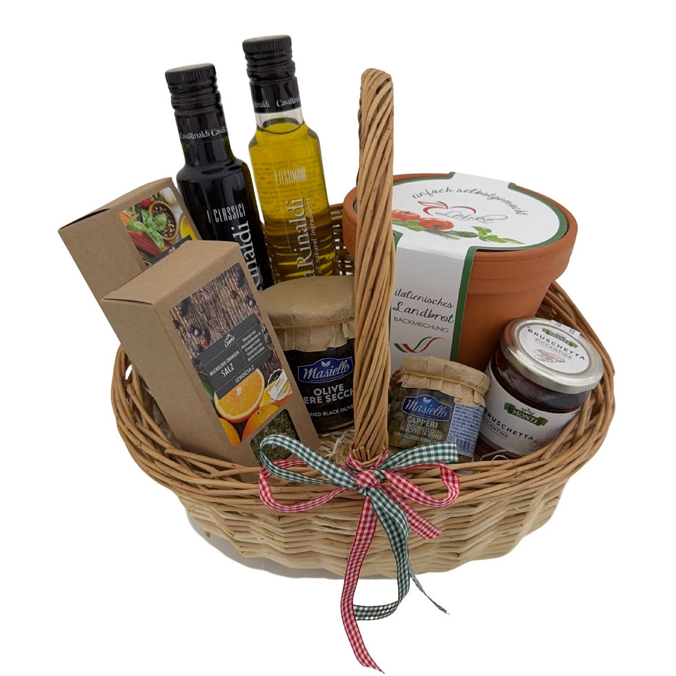 Präsentkorb Due Piatti mit Bruschetta, Vitello-Zutaten & Brot im Tontopf – mediterranes Geschenk für Genießer