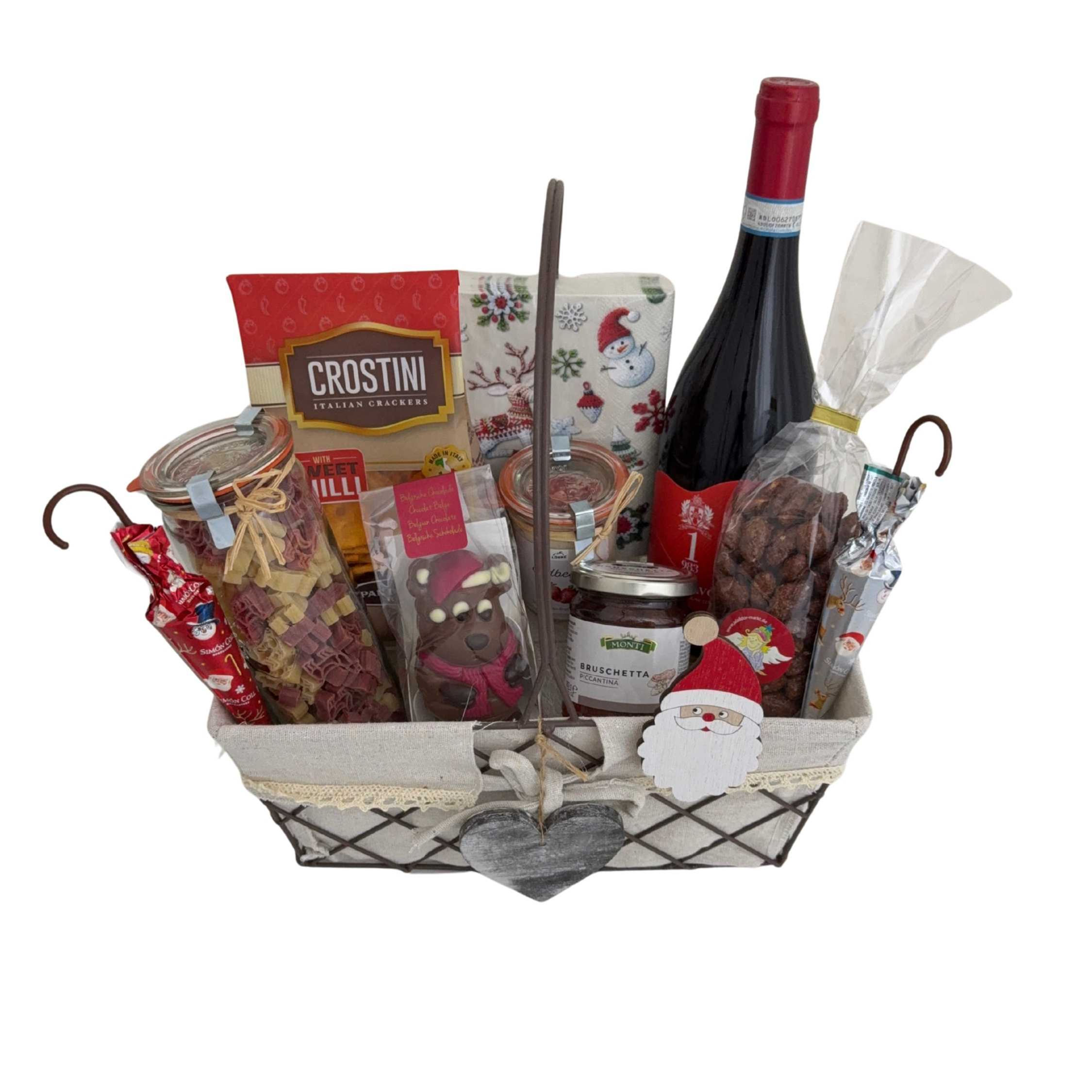 Weihnachtlicher Präsentkorb „Winterfreude“ mit Rotwein und Feinkost – festlich arrangiert als stilvolles Weihnachtsgeschenk