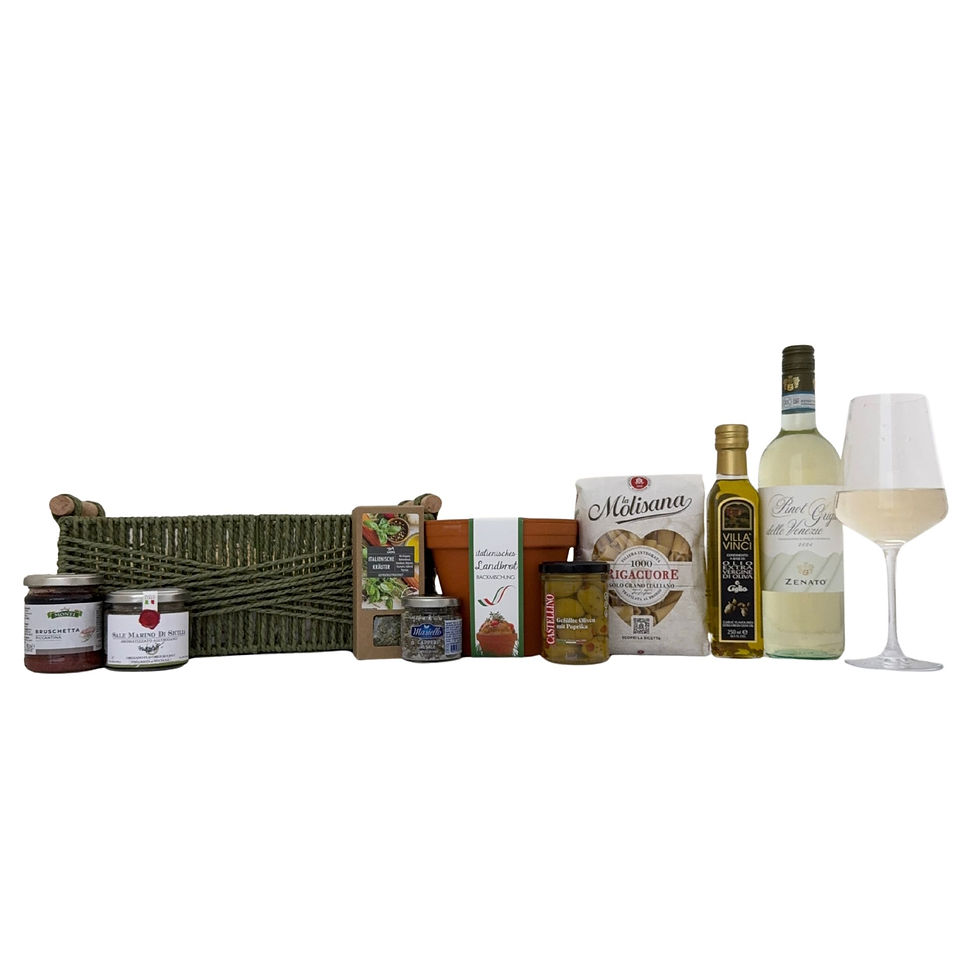 Präsentkorb Mediterraneo e Amore mit Weißwein, Landbrot, Bruschetta und Olivenöl – italienische Feinkost für Genießer