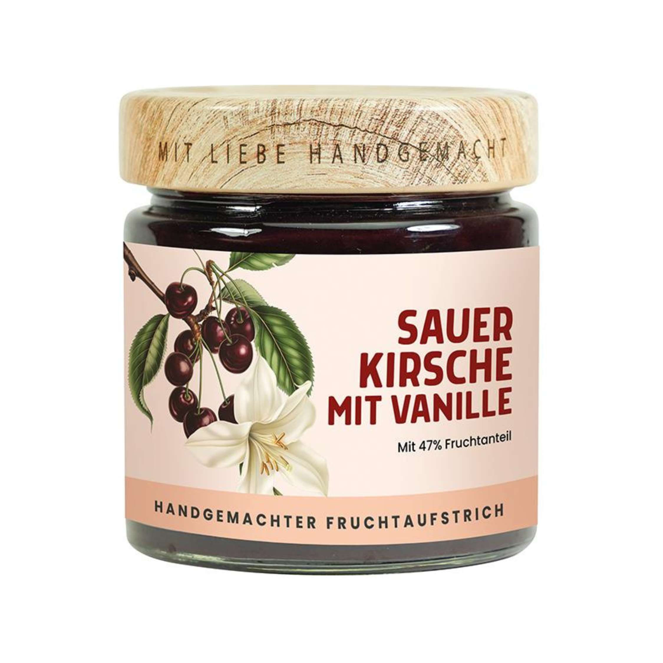 Sauerkirsch Vanille Fruchtaufstrich mit 64 Prozent Fruchtanteil, fruchtig säuerlich mit feiner Vanillenote.