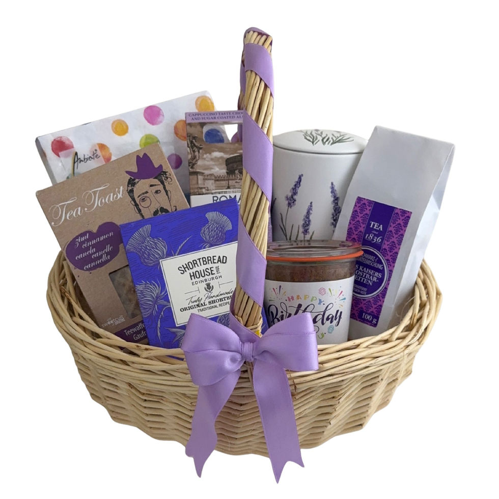 geschenkkorb geburtstag tee gebaeck lavendel tasse papionic