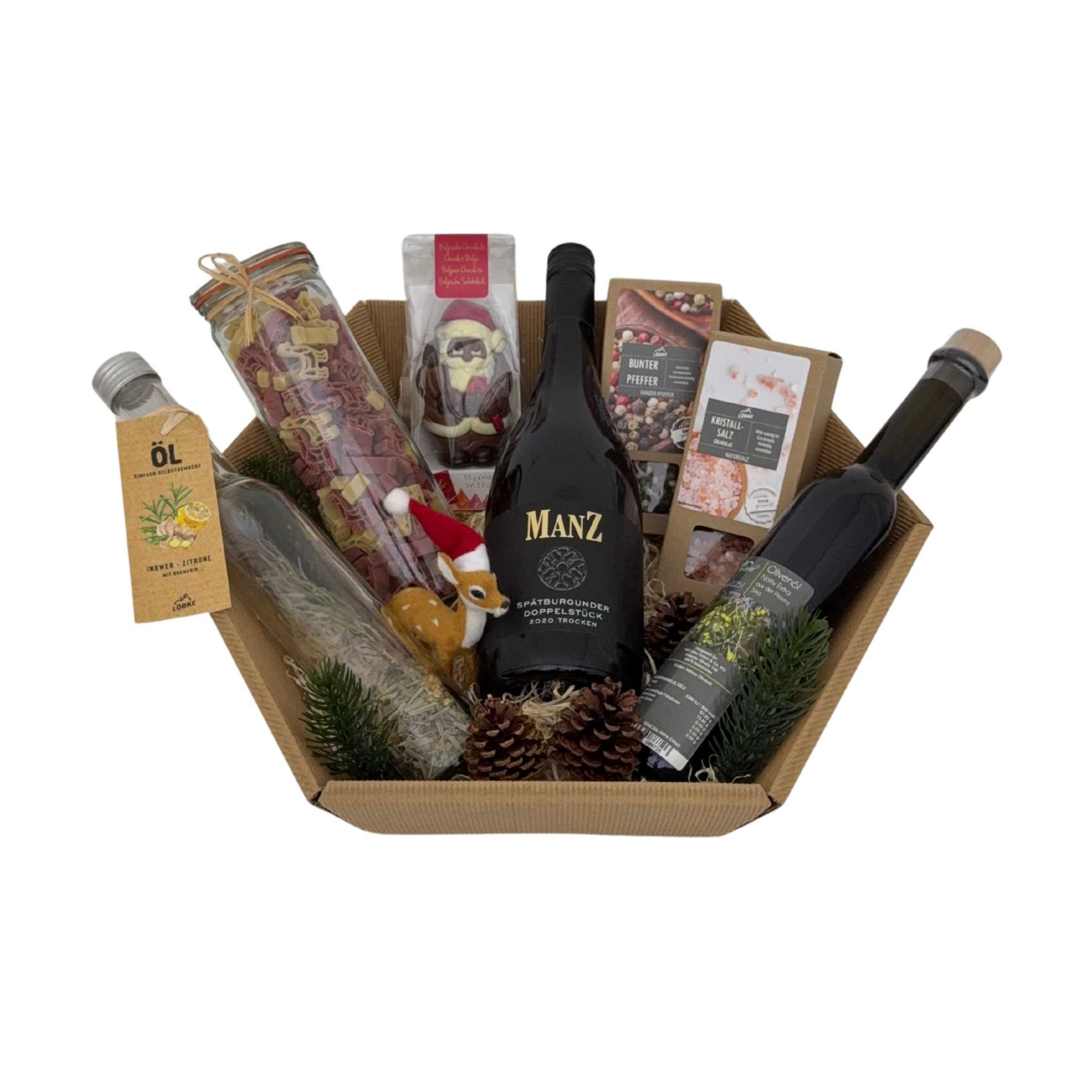 Weihnachtlicher Präsentkorb „Festlicher Genuss“ mit Rotwein und Feinkost – festlich arrangiert als stilvolles Weihnachtsgesch