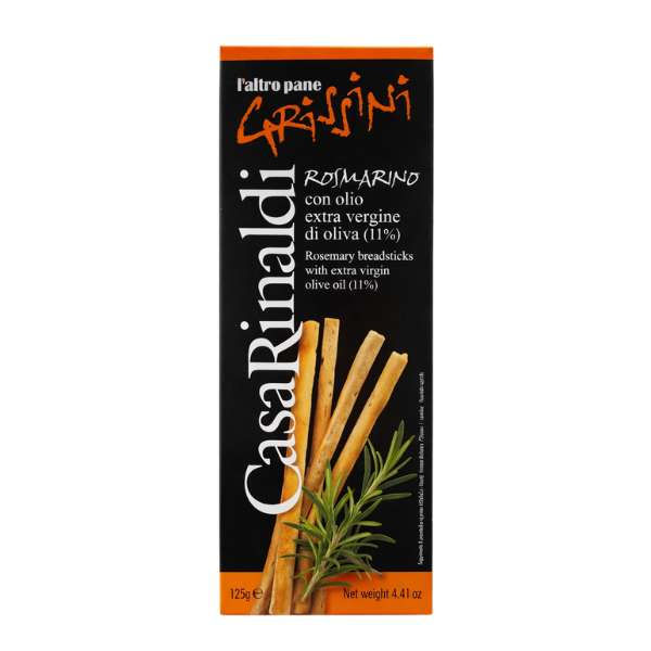Grissini mit Rosmarin Casa Rinaldi knusprige italienische Brotstangen mit Rosmarin und Olivenöl für Antipasti und Snacks.