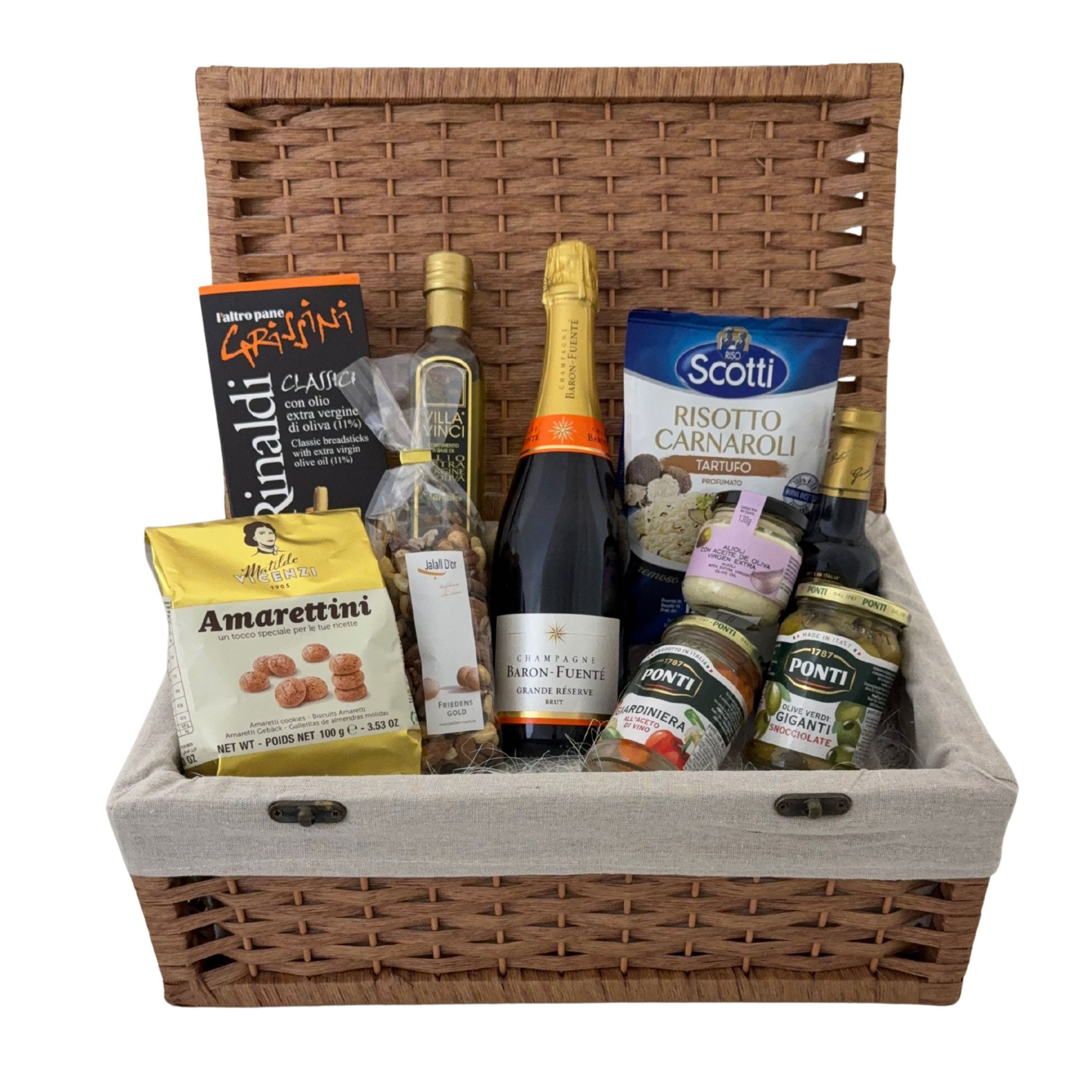 Gourmet Präsentkorb „Sapori & Champagne“ mit Champagner, Trüffelrisotto, Olivenöl und italienischen Delikatessen – stilvoll a