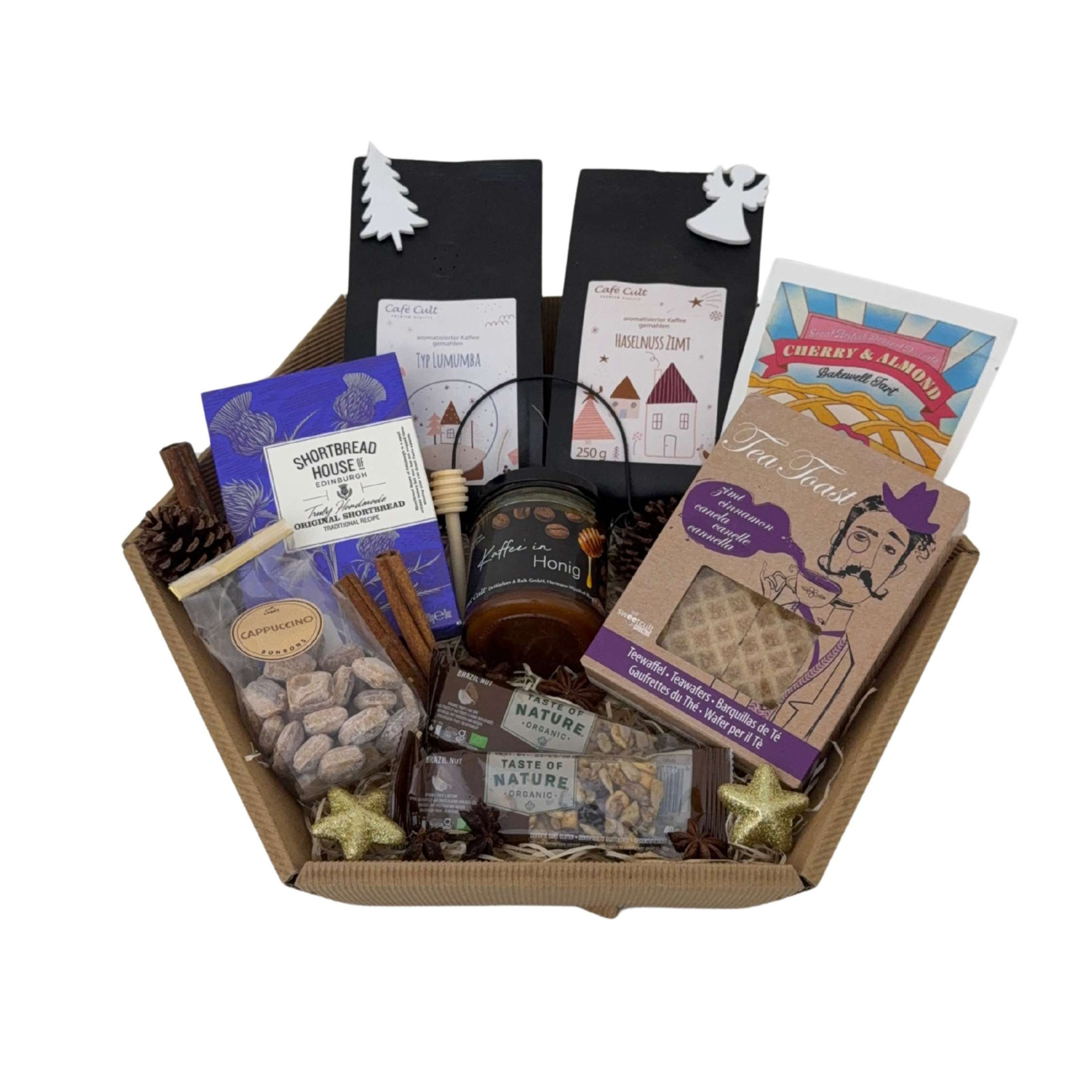 Weihnachtlicher Präsentkorb „Kaffee Wintertraum“ mit Kaffee, Honig und Gebäck – liebevoll arrangiert als festliches Geschenk