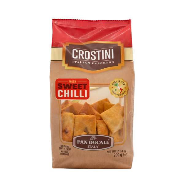 Crostini Sweet Chili Pan Ducale knusprige italienische Brotchips mit Tomate und Chili ideal für Antipasti und Snacks.