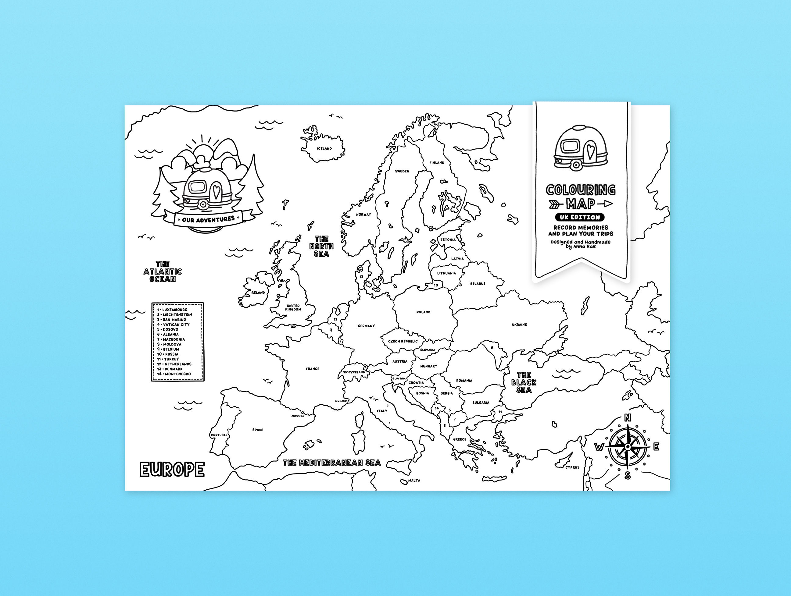 Personalised Europe Caravan and Camping Colouring Adventure Map