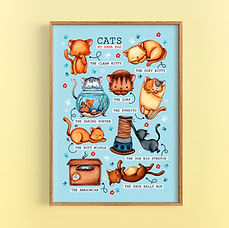 Mockup image of an art print in a frame featuring cats in various poses
