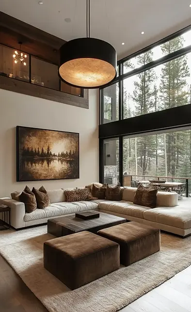 Minimalist-modern-living-room-with-plush-sofa-ottoman-statement-lighting-and-oversized-win