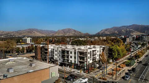Aerial view of Streetcar Flats in Utah featuring Black Beauty thin brick in Norman size, highlighting dark linear brick facades within a modern urban residential development.