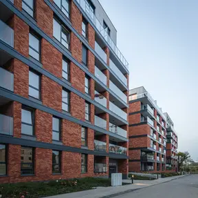 Side elevation of contemporary housing development with Old House thin brick in king size across the facade.