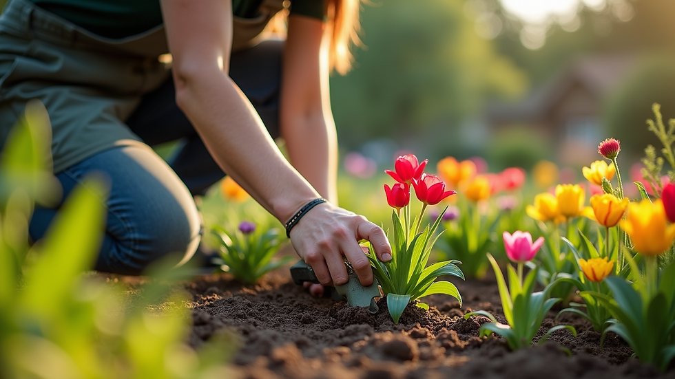 Close-up view of a gardener planting colorful flowers in a landscaped garden