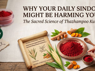 A flat lay composition featuring a copper bowl of bright red organic GRONICA Thazhampoo Kumkum, fresh turmeric roots, an ancient Ayurvedic scroll, and a hand reaching for the pure vermilion. The image includes the text 'Why Your Daily Sindoor Might Be Harming You: The Sacred Science of Thazhampoo Kumkum' along with a '100% Pure Organic' badge.
