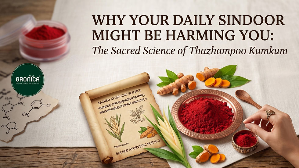 A flat lay composition featuring a copper bowl of bright red organic GRONICA Thazhampoo Kumkum, fresh turmeric roots, an ancient Ayurvedic scroll, and a hand reaching for the pure vermilion. The image includes the text 'Why Your Daily Sindoor Might Be Harming You: The Sacred Science of Thazhampoo Kumkum' along with a '100% Pure Organic' badge.