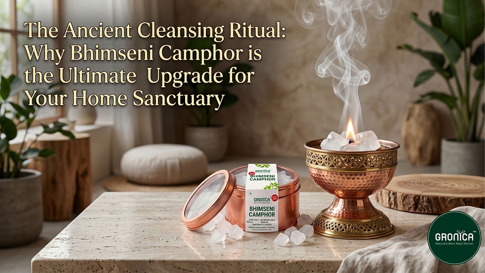 A serene home sanctuary setting featuring a copper tin of GRONICA pure Bhimseni Camphor alongside translucent camphor crystals and a traditional burner emitting clean, spiritual smoke, with the blog title text overlaid.