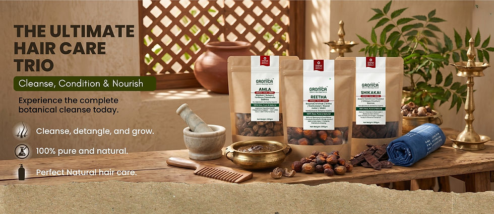 Reetha, Shikakai & Amla - The Ultimate Hair Care Trio, Cleanse, Condition & Nourish. Experience the complete botanical clense today.