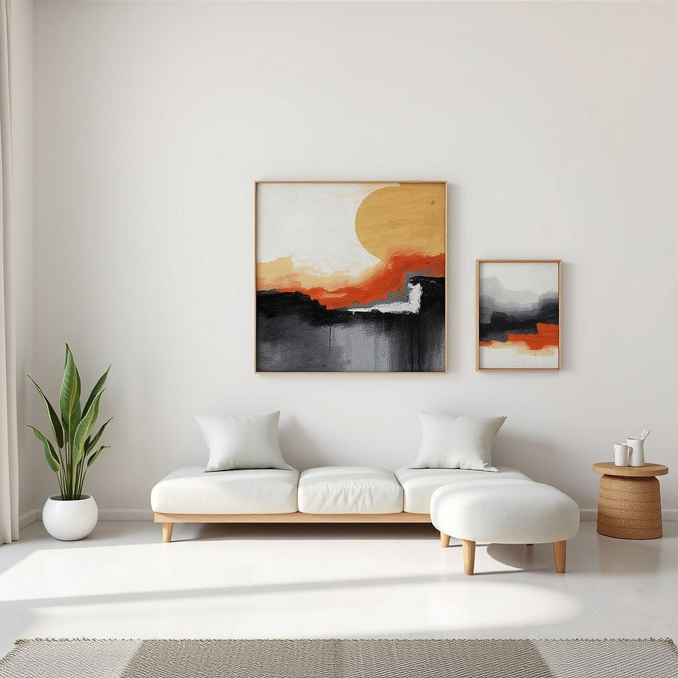 Minimalist living room with white sofa and plant. Abstract art with orange, black, and gray tones on wall. Calm, serene atmosphere.