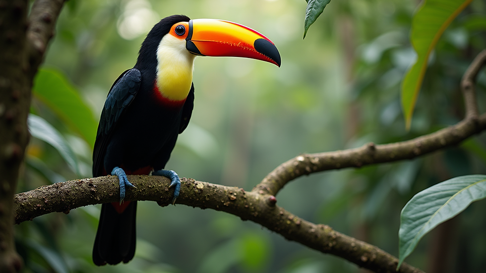 Wide angle view of a toucan perched on a tree branch in a Costa Rican rainforest