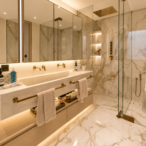 Luxury marble bathroom with double vanity in ÉLEVÉ Villa Dubai